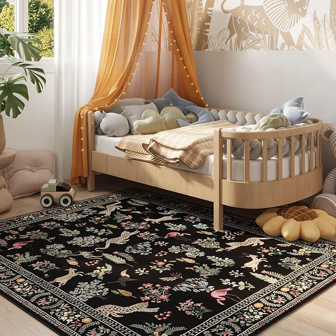 Rugcomf Living Room Rug 6x9 Rug Machine Washable Boho Area Rug Non Slip Floral Animal Vintage Low Pile Large Rug for Living Room, Bedroom, Farmhouse, Dining Room, Kids Playroom (Black)