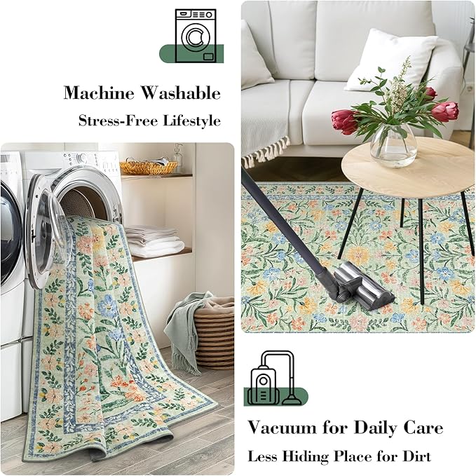 Wonnitar Machine Washable 5x7 Area Rug, Boho Floral Rugs for Living Room Non-Slip, Soft Pink and Green Flower Ultra-Thin Non Shedding Carpet for Bedroom Dining Room Nursery