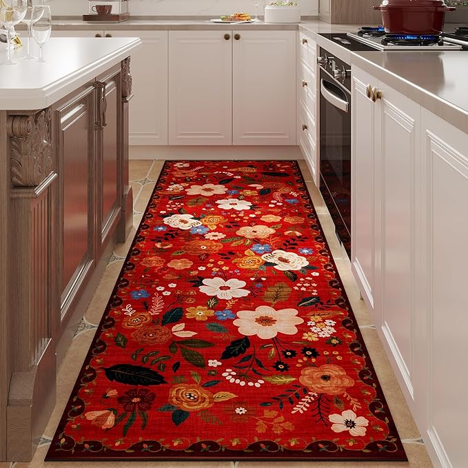 Rugcomf Runner Rug for Hallways Kitchen Rug Non Slip 2'x 6' Washable Runner Rugs with Rubber Backing Soft Floral Carpet Runner for Hallways, Kitchen, Laundry, Bedroom, Bathroom(Red)
