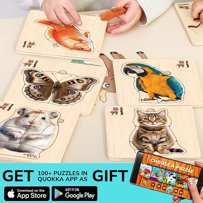 QUOKKA Realistic Wooden Puzzles for Toddlers 1-3 Year Old - 15x15 Inches Kids Puzzles Ages 2-4 - Birds, Animals, Fish, Butterfly Montessori Toddler Toys - Motor Skills Games Gifts for Girls&Boys