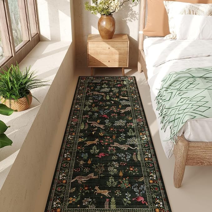 Rugcomf Runners for Kitchen Rug Non Slip 2'x10' Long Washable Rugs with Rubber Backing Soft Floral Animal Carpet Runner for Kitchen, Laundry, Bedroom, Bathroom (Green)
