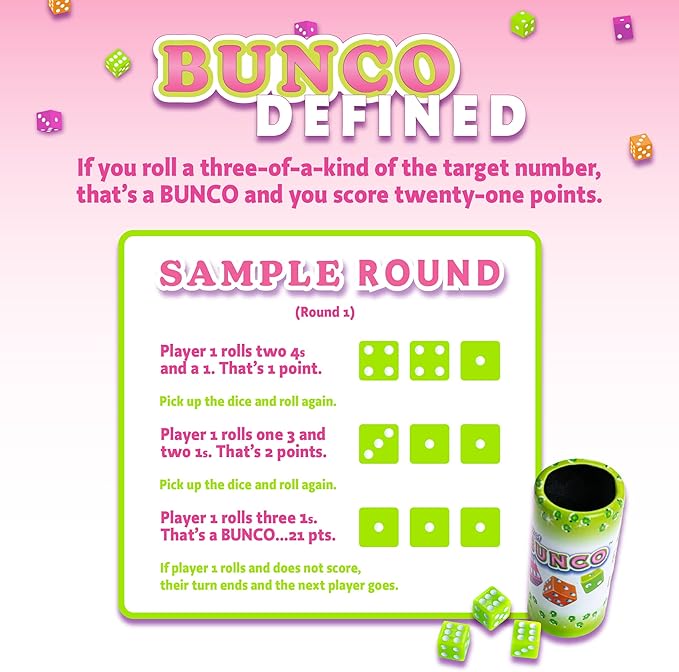 Continuum Games Retro Bunco Game Kit Party Box for Ladies Night 2-12 Players 3 Sets of Bunco Dice, Bell, and Score Pad for Game Night