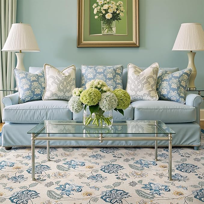 jinchan 8x10 Floral Rug for Living Room Washable Bedroom Rug Vintage Romance Design Non Slip Thin Indoor Floor Cover Large Low-Profile Throw Carpet for Dining Room Office, Blue/Beige