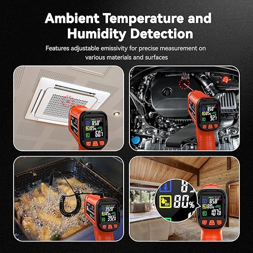 Infrared Thermometer Temperature Gun -58°F to 1796°, 16:1 Non Contact Laser Thermometer Gun with Thermocouple Probe for Humidity, Pizza Oven, Griddle, Ir Temp Gun for Home and Industry Repair