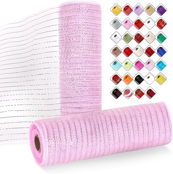 2 Rolls Mesh Ribbon for Wreaths 10 Inch x 30 Foot Wreath Mesh Rolls with Metallic Foil for Easter Christmas Party Wedding Home Decor DIY Craft Projects and Gift Wrapping (Light Pink)
