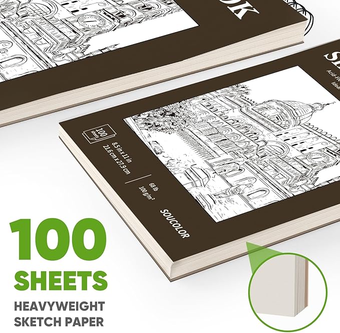 Soucolor Sketchbook 8.5x11 Hard Cover - 100 Sheets Spiral Bound Sketch Pad 8.5" x 11", 68lb/100gsm Thick Drawing Paper 8.5" x 11", Acid-Free Art Notebook for Kids Adults Classroom Teacher Must Have