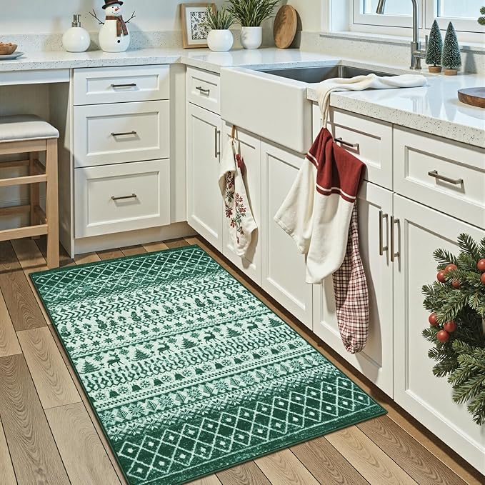 2025 Christmas Rugs for Entryway, 2x3 Washable Door Mat Indoor Entrance, Low Pile Soft Non Slip Green Kitchen Rug, Xmas Holiday Decor Floor Carpet for Bedroom Bathroom Laundry Bedside Sink