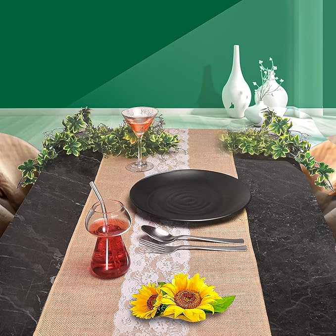 Burlap Lace Table Runner (Pack of 6) – 14”x 72” - No-Fray Finished Edge Natural Table Runner – No Odor, Eco-Friendly Burlap Runner - Perfect for Christmas, Wedding, Thanksgiving