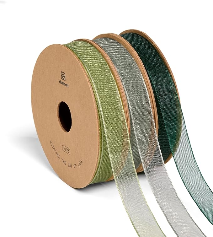 Vitalizart 3/8" x 30Yd Organza Ribbon Green Sheer Ribbons Set 10 Yd x 3 Rolls Drak Green Sage Handmade Eco-Friendly for Gift Wrapping Christmas Tree Crafts Bows Wedding Invitations Wreaths Wrap