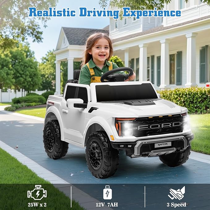 12V Ride on Car Licensed Ford F-150 Raptor, Kids Electric Car with Remote Control, LED Light/Music/MP3, Truck Bed Storage, 3-Point Seat Belt (12V, White)