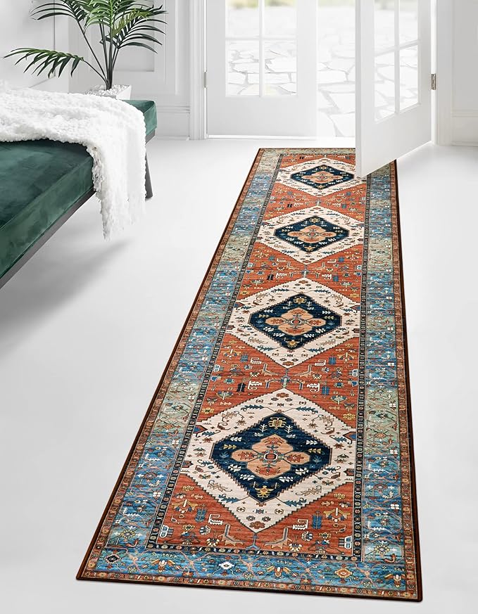 Lahome Boho Runner Rugs for Hallway 2x10 Extra Long Washable Non-Slip Hallway Rug Runner Low-Pile Stair Kitchen Carpet Oriental Throw Carpet for Entrance Bathroom Living Room Mat Foyer