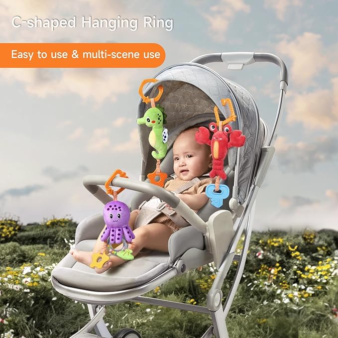 TUMAMA Baby Toys 0 3 6 12 Months, Hanging Stroller Toys Soft Marine Animal Crib Car Seat Toys, Crinkle Infant Rattles with Teether Squeaky Sensory Developmental Toy for Newborn