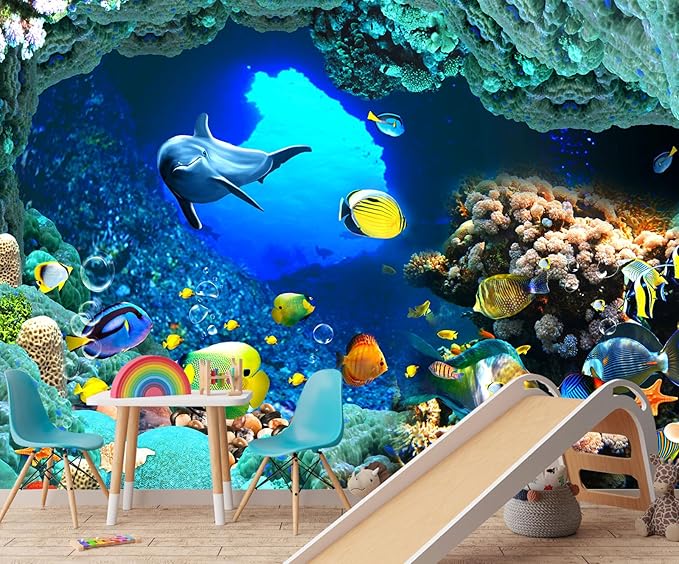The Undersea World Wallpaper Ocean Dolphin Fish Wall Mural Large Wall Decor for Living Room Bedroom Dining Room(Not Self-Adhesive)