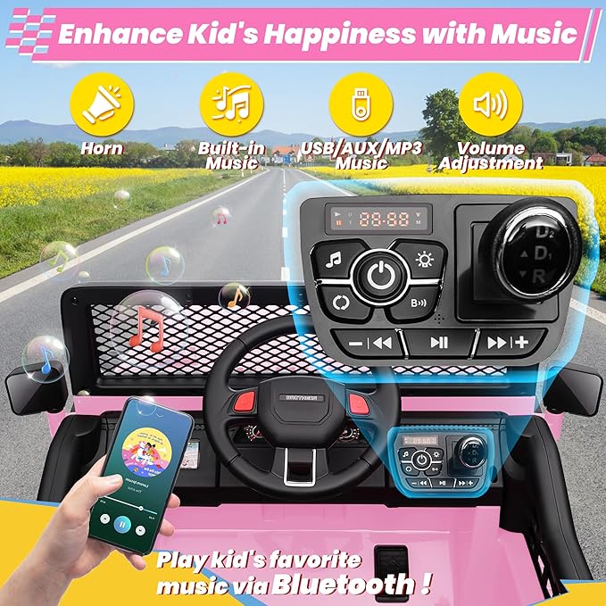 24V 4WD Ride on Truck Car w/800W Motors, Gift Flower, Remote Control, 2 Seaters, Light Bar, 3 Speeds, Pop Music, Power Four Wheels, 25 Volt Ride on Toy Car for Big Kids, Pink