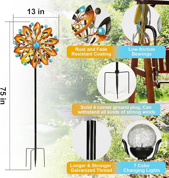 Wind Spinners for Yard and Garden - Wind Sculptures & Spinners 75 in Garden Kinetic Art with Solar Powered Multi-Color Glass Ball Light - Gradient Brown