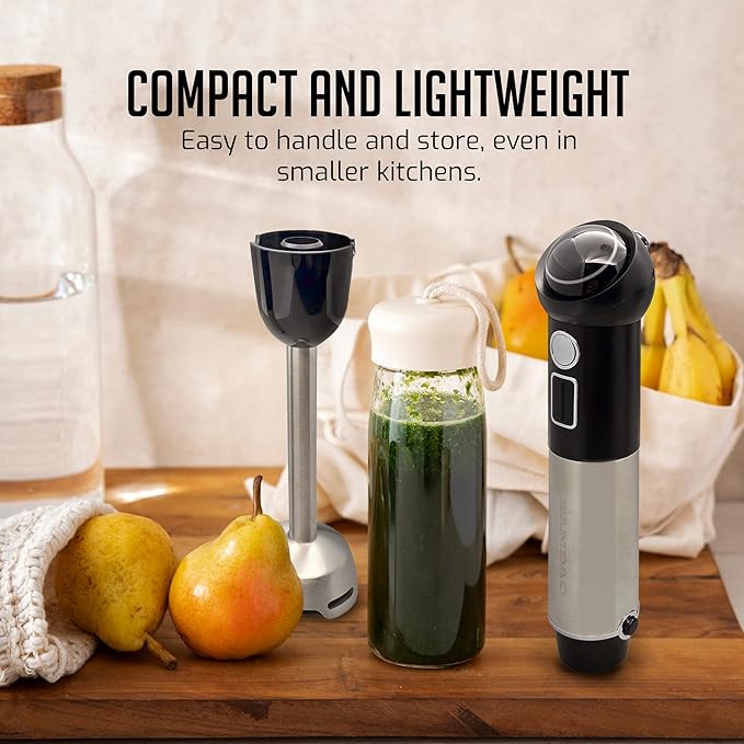 OVENTE Cordless Immersion Hand Blender, 300W Rechargeable Handheld Portable Stick Mixer with Speed Pulse Activating Sensor and Stainless Steel Blades for Smoothies, Shakes or Baby Food, Black HR995B