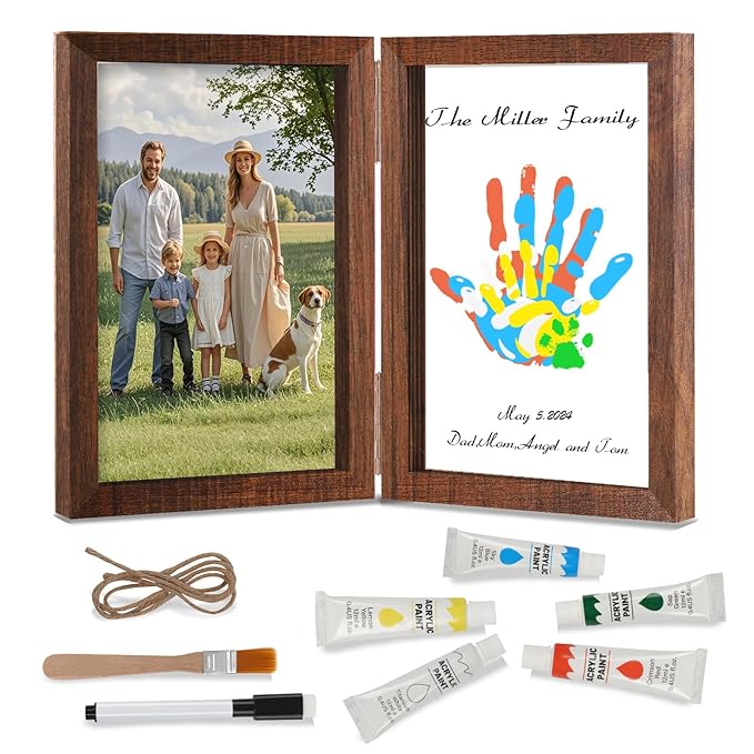 Family Handprint Kit, DIY Baby Hand and Footprint Handmade Keepsake Wooden Frame, Family Gifts with 5 Non-Toxic Baby-Safe Paint, Ideas Gift for New Parents Couple Friends