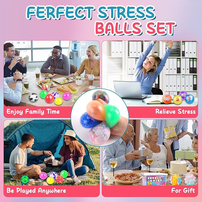 54 Pack Stress Balls, Squishy Balls, Squeeze Balls for Adults, Stress Relief Balls, Prize Box Stuffers, Party Favors