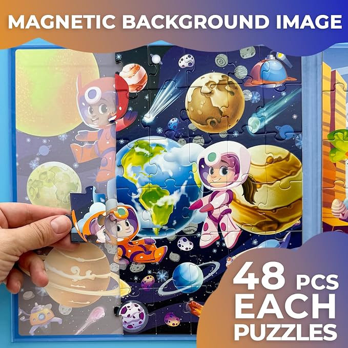 QUOKKA Magnetic Puzzles for Toddlers 4-6 - 2x48 Travel Puzzle Games for Kids Ages 3-5 Years Old - Dinosaur Car Activities Toy for Boys and Girls 2-4 yo - Space Learning Magnet for Road Trip
