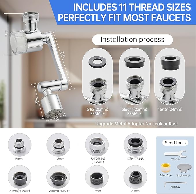 YYKBZ Water Filter For Sink Faucet Extender,1080° Swivel Aerator,2 Modes Spray Sink Water Filter,Brass Faucet Mount Purifier System For Kitchen/Bathroom/Toddlers,Multiple Adapters With 9pcs Filters