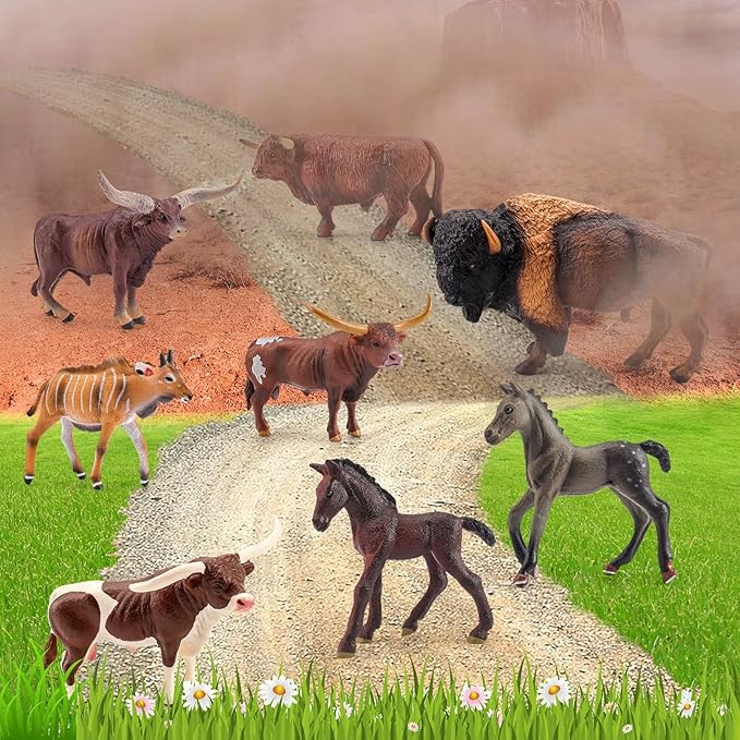 Bull Toys Playset: 8pc Longhorn, Cows, Horses & Antelope Figures for Kids' Parties & Toddlers Collection