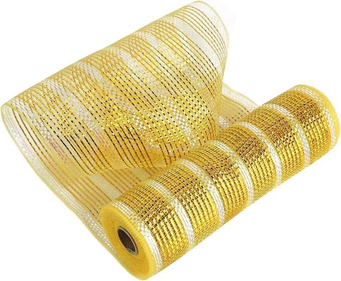 MEEDEE Gold Deco Mesh 10 Inch Deluxe Wide Foil & Iridescent Metallic Stripe Mesh Ribbon for Wreaths, Christmas Tree, Garland, Gift Wrapping, Bows Making (30 Feet)