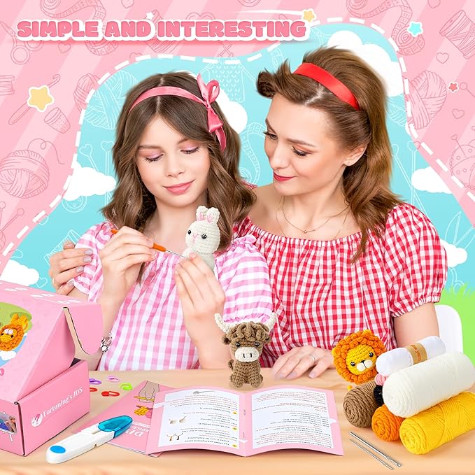 Crochet Kit for Beginners, Amigurumi Crochet Animal Kits, Crocheting Kit for Starters Adult Kids with Step-by-Step Video Tutorials, Animal Kits with Highland Cow, Lion, Bunny