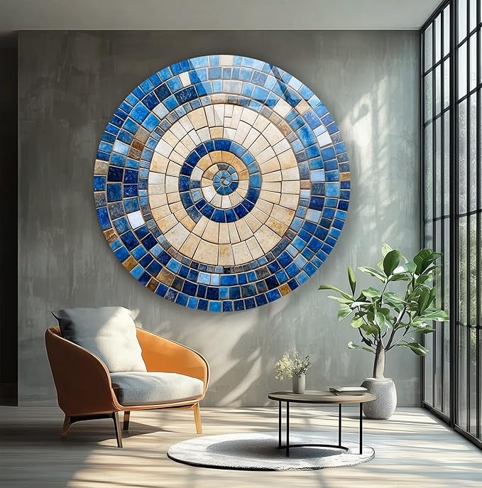 My Photostation.com 31.5''(80cm) Diameter Coastal Sunburst Beige & Blue Round Glass Wall Art Tempered Glass Printing Wall Decor Large Wall Art Wall Hangings