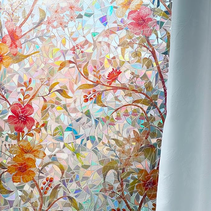 Stained Glass Window Film Static Cling Door Privacy Film Decorative Flowers Red Leaves Window Decals Stickers Heat Control Anti UV for Home and Office,35 inches by 78.7 inches