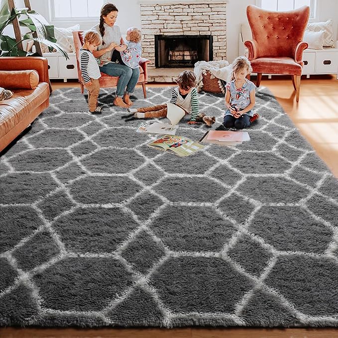 ONASAR 8x10 Area Rugs for Living Room, Fluffy Grey and White Bedroom Rug, Washable Geometric Boho Large Soft Plush Shaggy Fuzzy Floor Carpet for Nursery Kids Classroom Playroom Dorm Home Decor