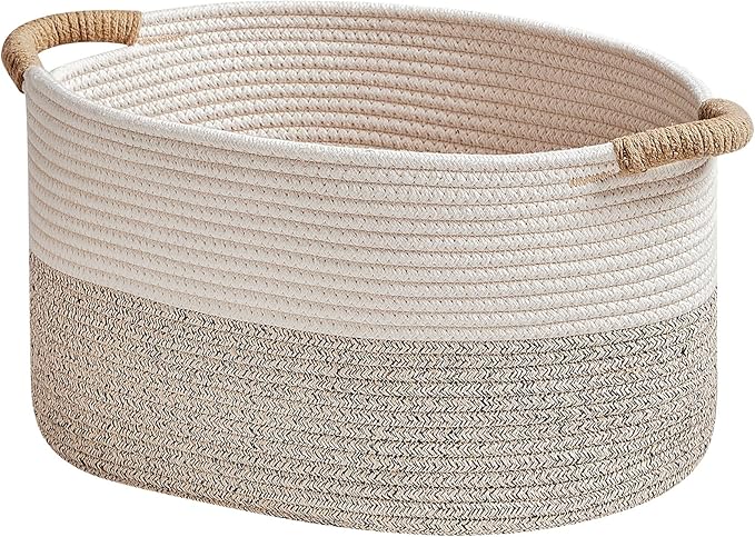 Storage Baskets for Organizing | 15"x10.2"x9.1" - 1 Pack Nursery Bin with Handles - Woven Cotton Rope Baskets for Dog Toys, Books, Shelf, Bathroom,Closet -Stylish Storage | White & Beige