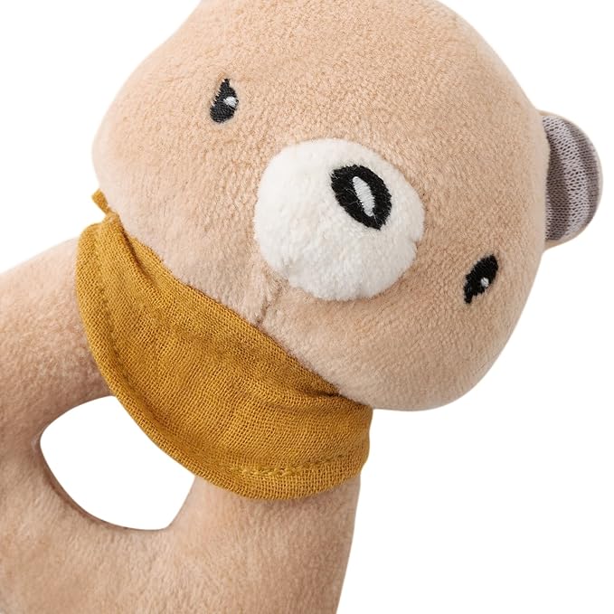 Organic Cotton Stuffed Animal Rattle Baby Toys, Plush Bear Cuddle Cloth and Hand Grip Ring Rattles Plush Toy Set for Newborns Infant Boys Girls, 2 PCS