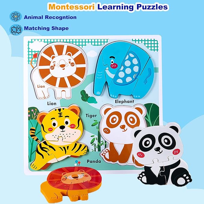 Zoo Safari Animal Toddler Puzzles Ages 1-3, Wooden Puzzles for Toddlers 2-4, Fun Educational Toys for 18-36 Months Baby,Crafted Wood Birthday Gifts for 24+ Month Little Girls Boys