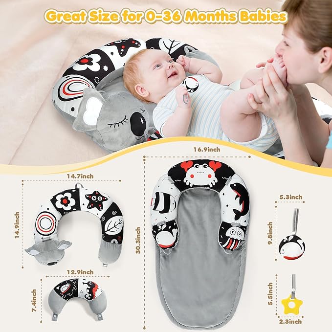 URMYWO Tummy Time Mat - 4 in 1 Cozy Tummy Time & Seated Support Pillow, Tummy Time Pillow for Newborn 0-12 Months, Infant Baby Sit Me Up Floor Seat Early Sensory Development Gifts Tummy Time Play Toys