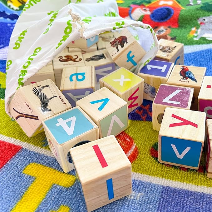 QUOKKA Montessori Wooden Blocks for Toddlers 1-3 - 35 Realistic ABC Learning Baby Blocks for Kids 3-5 Year Olds - Stacking Alphabet Wood Toys for 2-4 yo - Learn Letters Numbers