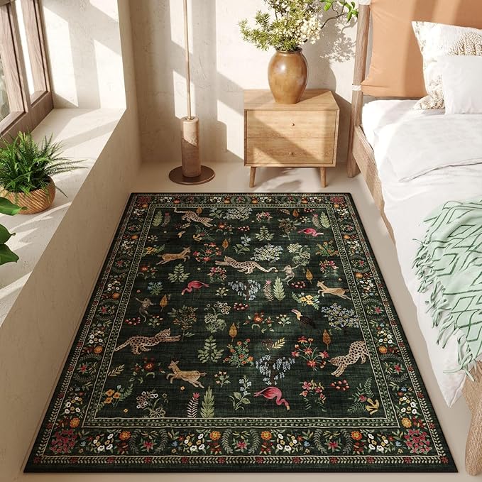 Rugcomf Area Rug 4x6 Rug Washable Boho Rugs Non Slip Low Pile Floral Animal Small Carpet for Bedroom, Bedside, Kids Room, Office, Dining Room (Green)