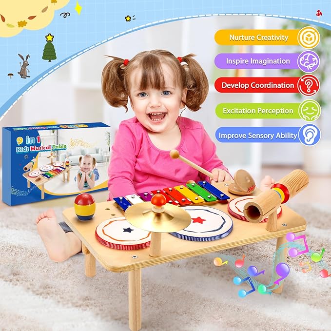 WINGYZ Baby Drum Set – 9-in-1 Wooden Musical Instruments for Toddlers 1-3, Montessori Music Toys with Xylophone, Drum, Cymbal & Tone Block, Early Learning Gift for Boys and Girls
