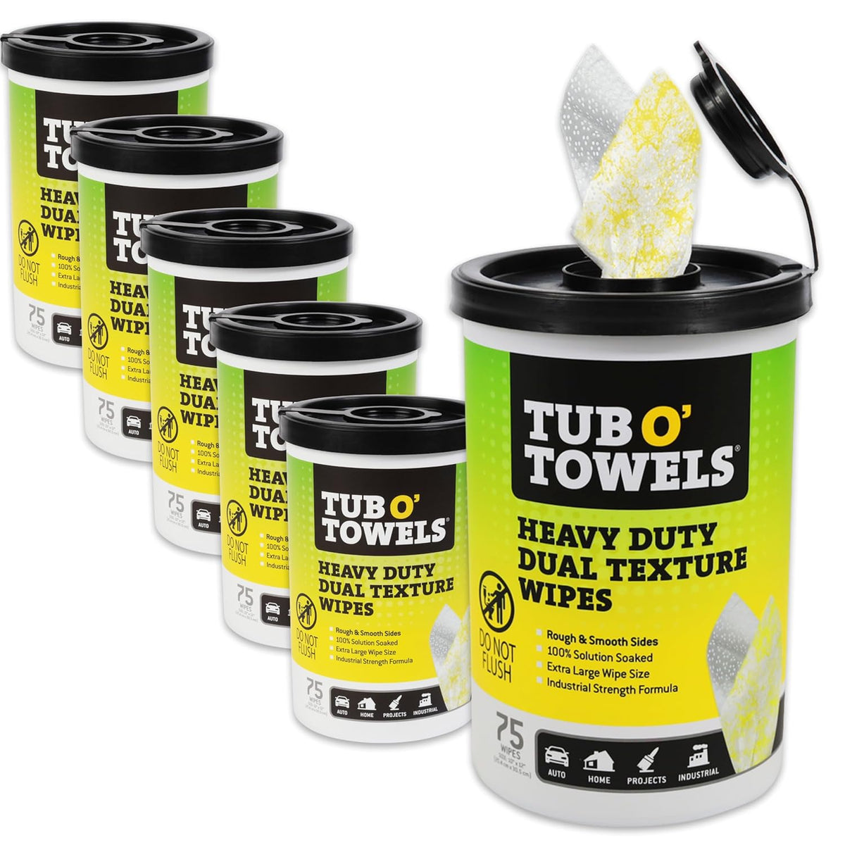 Tub O’ Towels TW75 Heavy-Duty 10" x 12" Size Multi-Surface Cleaning Wipes, Dual Texture, 75 Count Per Canister, 6 Pack