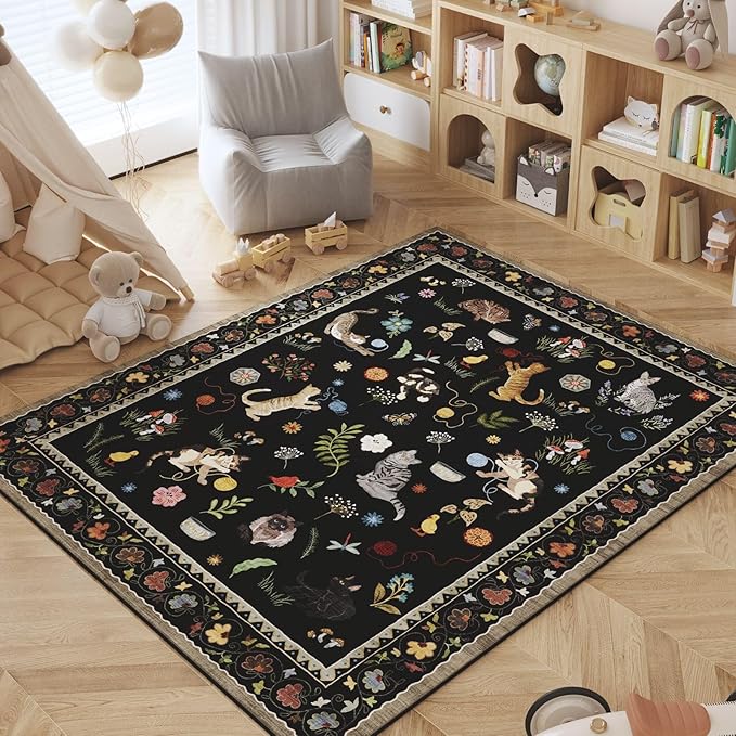 Rugcomf Area Rugs 9x12 Living Room Clearance Washable Boho Rug Non Slip Floral Animal Cat Vintage Low Pile Large Rug for Living Room Bedroom Farmhouse Dining Room Kids Playroom, Black