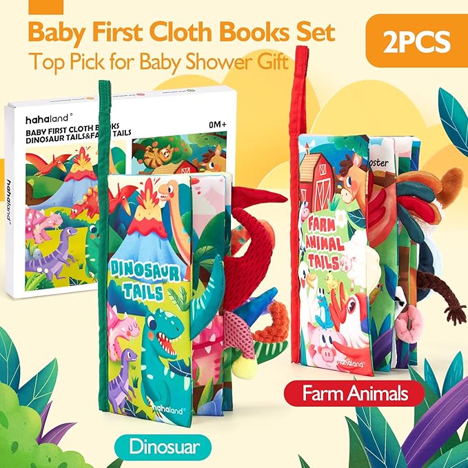 hahaland Baby Books 2PCS - Baby Toys 0-6 Months - Touch & Feel Tummy Time Sensory Soft Books for Babies 0-12 Months, Stroller Travel Toys