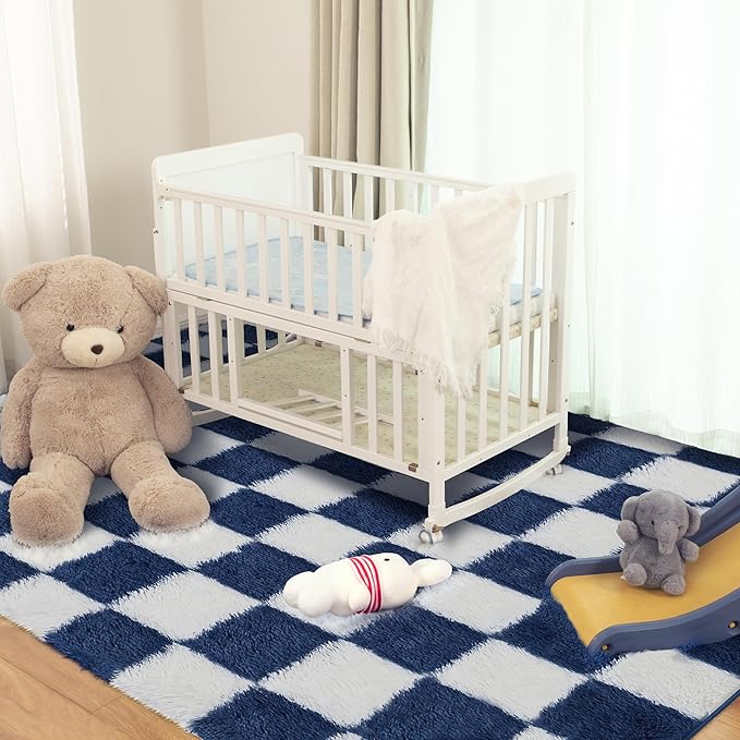 Super Soft Rug for Bedroom, 8x10 ft Blue and White Area Rug Classic Checkered Shaggy Anti-Skid High Pile Soft Fluffy Rug Fuzzy Carpet for Living Room Bedroom Kids Room Nursery, Dorm