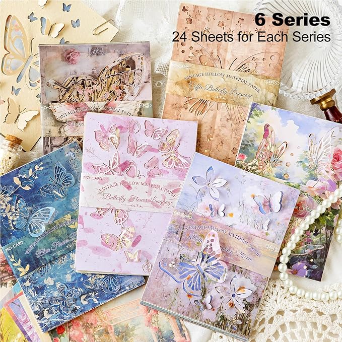 Vintage Butterfly-Themed Scrapbook Paper Set, 144 PCS Including Hollow-Out and Decorative Paper for Junk Journaling, Scrapbooking, DIY Crafts, and Art Supplies