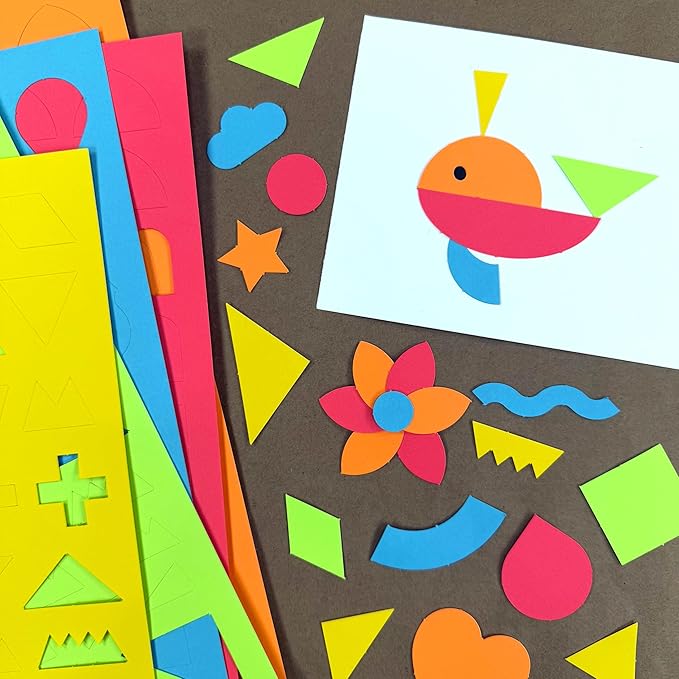 ARTshapes 840 pc Creative Paper Shapes Pack with 70+ Idea Guide - US Made Card Stock - Punch Out Funky DIY Craft Supplies for Whimsical Art Designs, Paper Crafts, and Pattern Play 5 Bright Colors