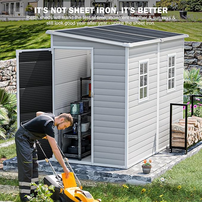 CDCASA 4x8 FT Resin Lean to Shed, Waterproof Outdoor Storage Sheds with Floor & Adjustable Openable Windows, Outside Plastic Tool Shed for Backyard Patio Poolside Garden, Gray
