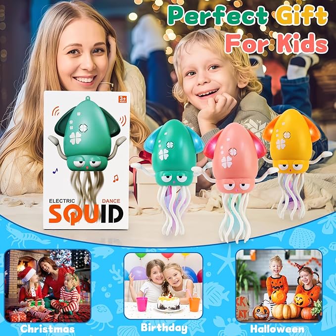 USB Rechargeable Dancing Octopus Baby Toy - Electric Crawling & Tummy Time Toy, Magical Musical Squid, Birthday for Kids Ages 1 2 3 4 5 6, Boys & Girls (Yellow)