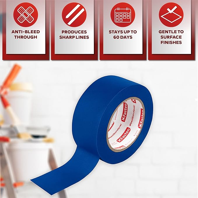 XFasten Professional Blue Painters Tape, Multi-Use, 3 Inches x 60 Yards Blue Tape - Sharp Edge Line Technology, Produces Sharp Lines | Residue-Free and Artisan Grade Wall Trim Tape