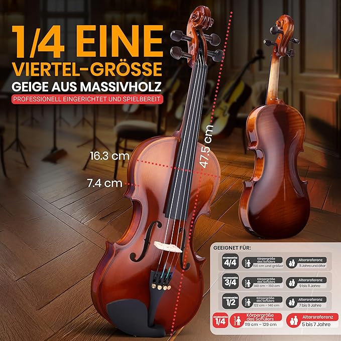 Pyle 1/4 Size Beginner Violin Starter Kit, Violin Starter Package with Travel Case & Bow, Extra Strings, Digital Tuner, Shoulder Rest & Cleaning Cloth for Students, Kids, Adults