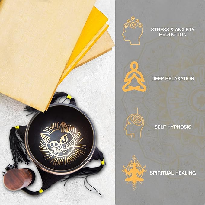 Tibetan Singing bowl Set - Easy To Play Cat Design Meditation Mindful 7 Chakra Sound Healing Handcrated Gift By HIMALAYAN BAZAAR