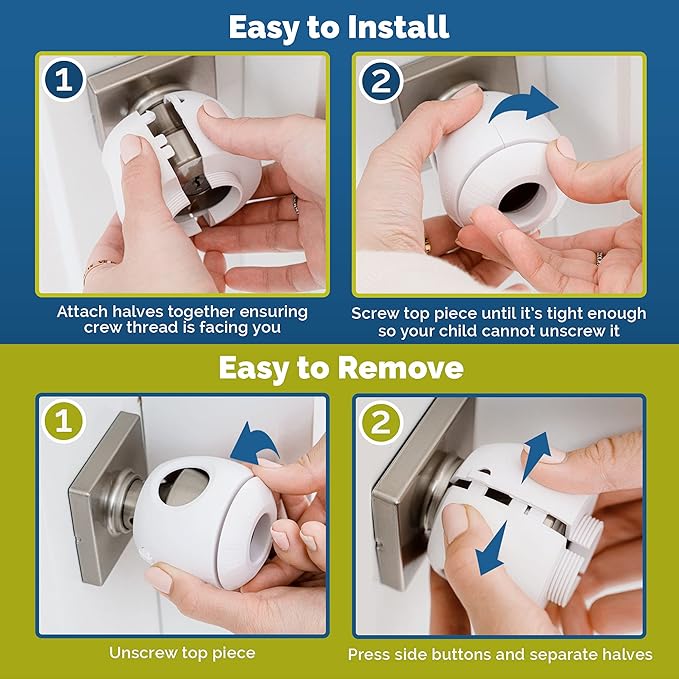 Child Safety Door Knob Cover (4 Pack) Hard-to-Remove Dual-Lock Door Handle Covers for Kids - Reusable Baby Proof Door Knob Locks - Installs Easily, No Tools Needed (White)