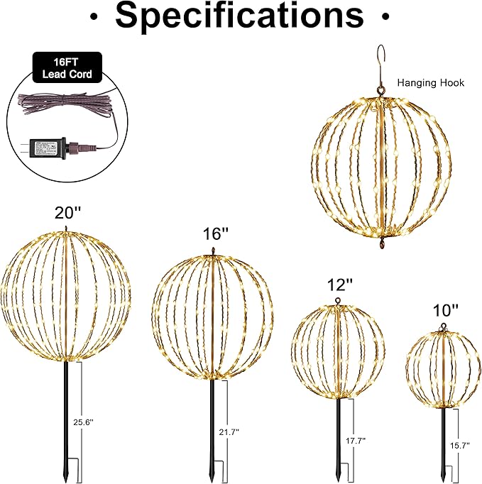 LIGHTSHARE 16IN 128LED Light Ball Yard Decoration Pathway Lights Sphere Light with Fold Flat Metal Frame Indoor Outdoor Waterproof Garden Lights, Plug in